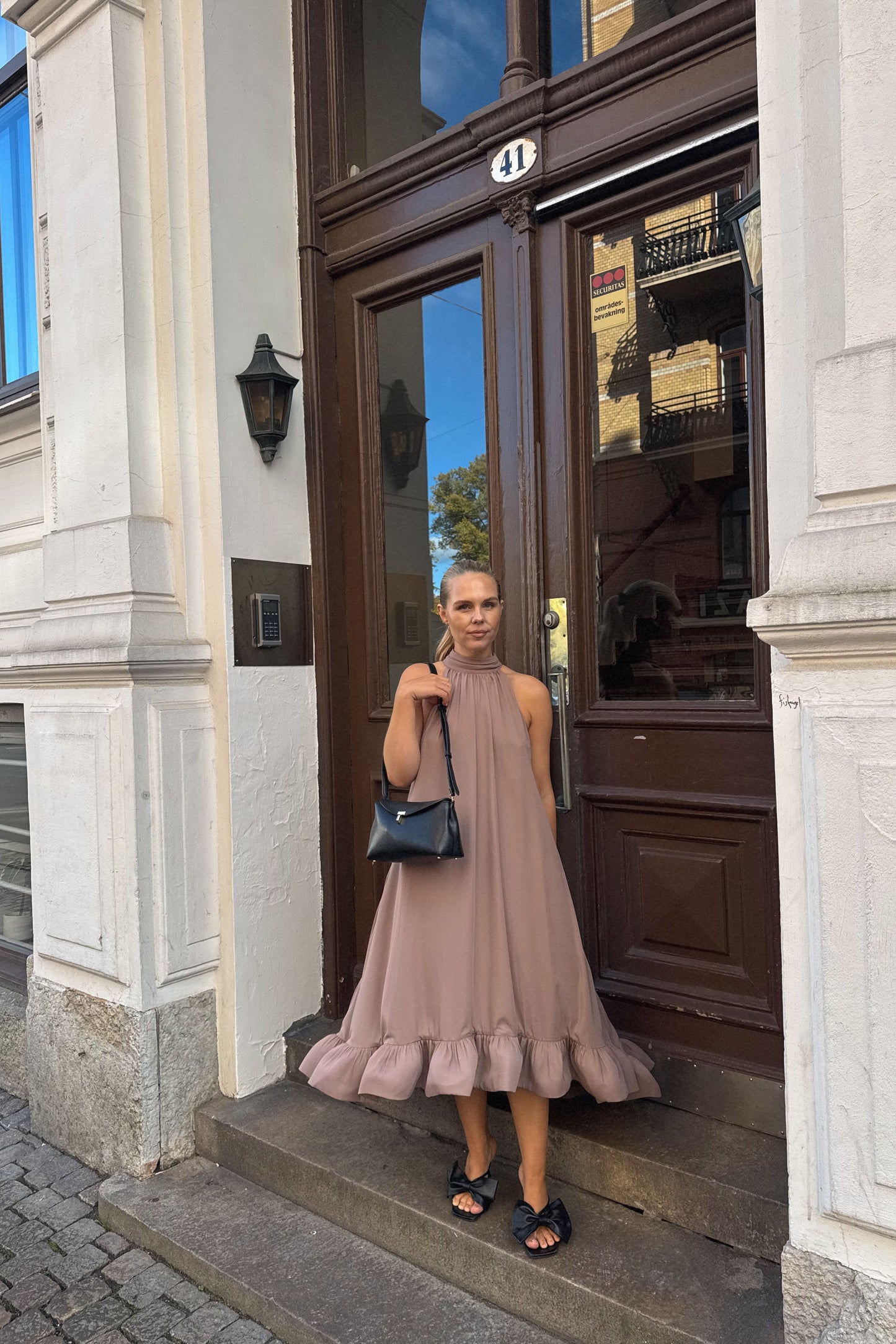 Malina Sabrina Ruffled Taupe Dress