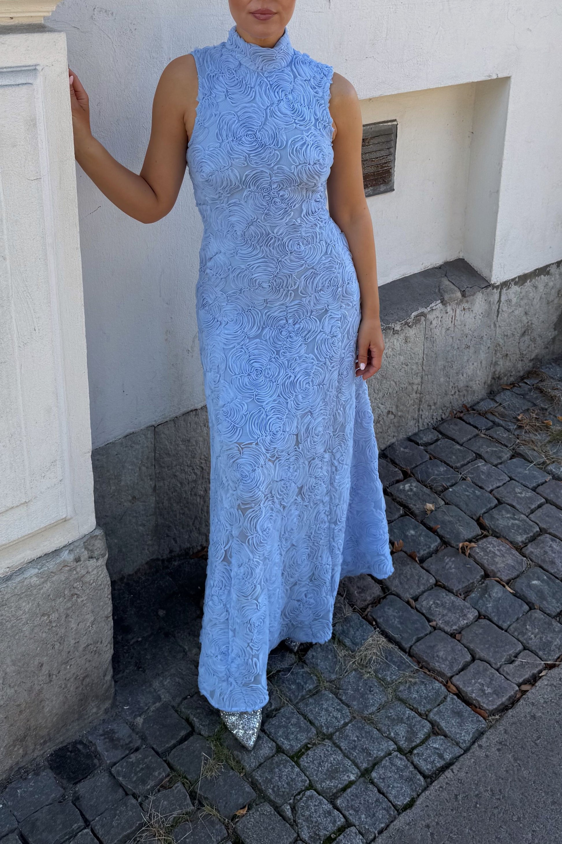 rotate flower mesh maxi dress light blue Rotate By Birger Christensen Floral Mesh Tube Maxi Dress