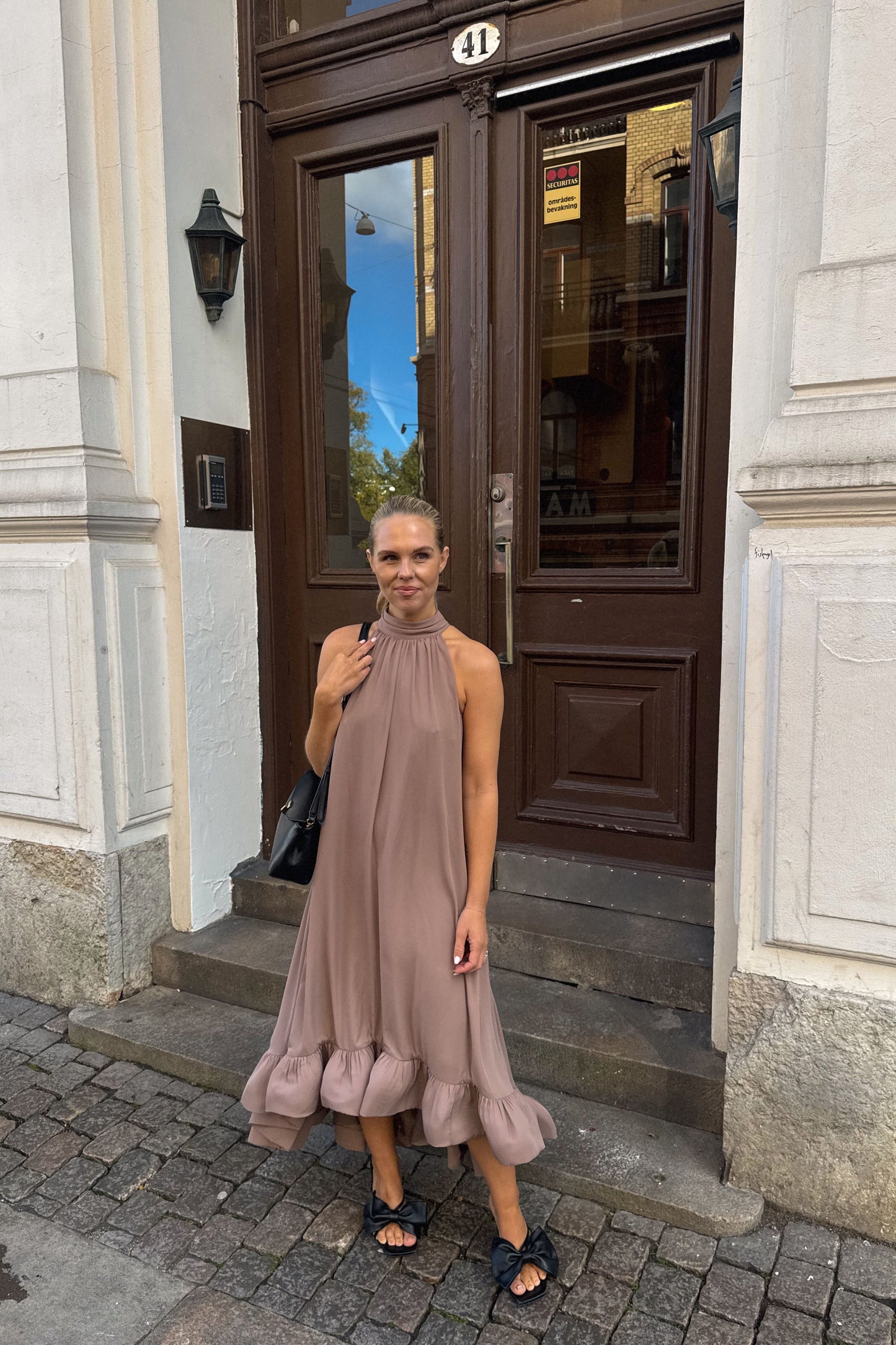Malina Sabrina Ruffled Taupe Dress