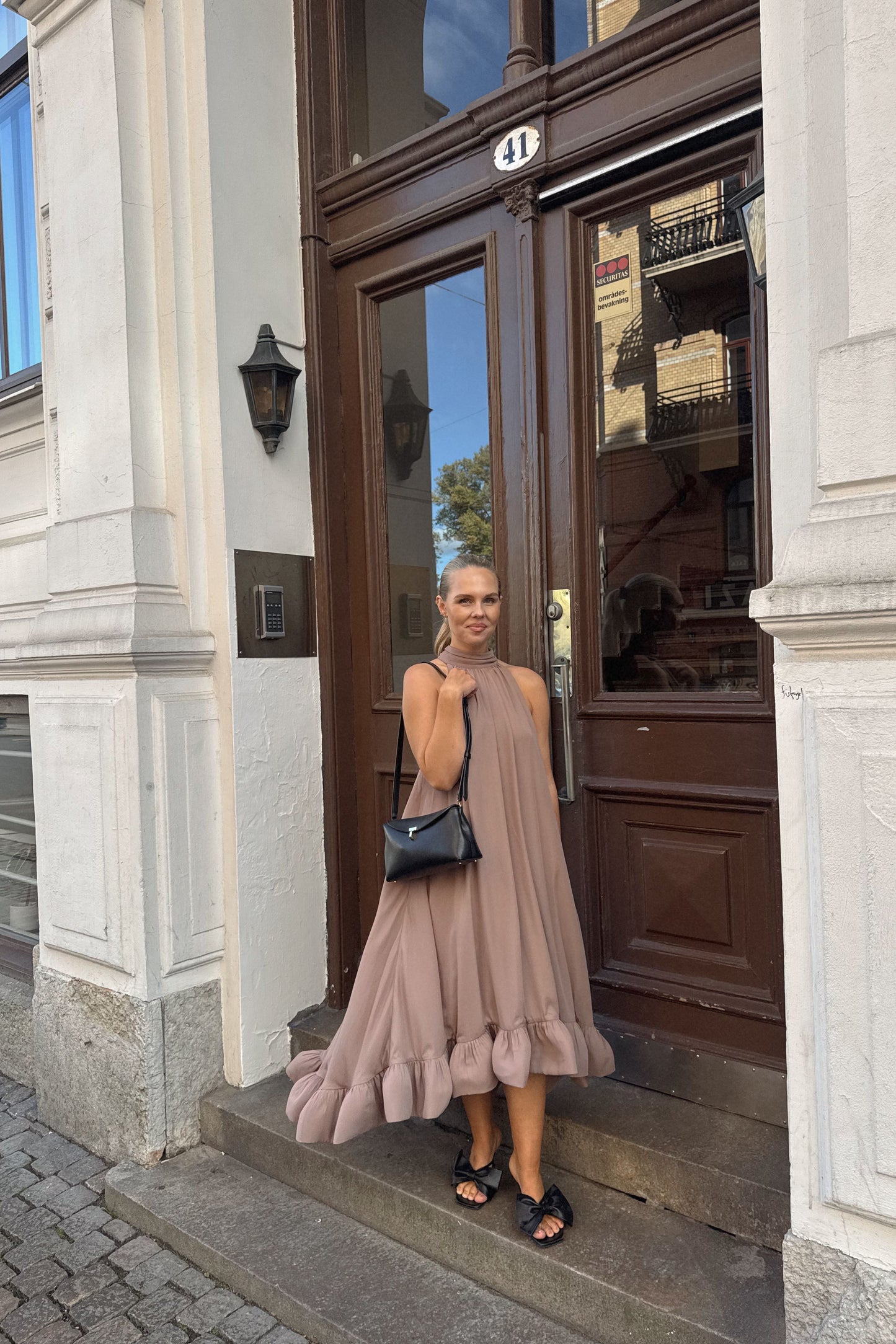 Malina Sabrina Ruffled Taupe Dress