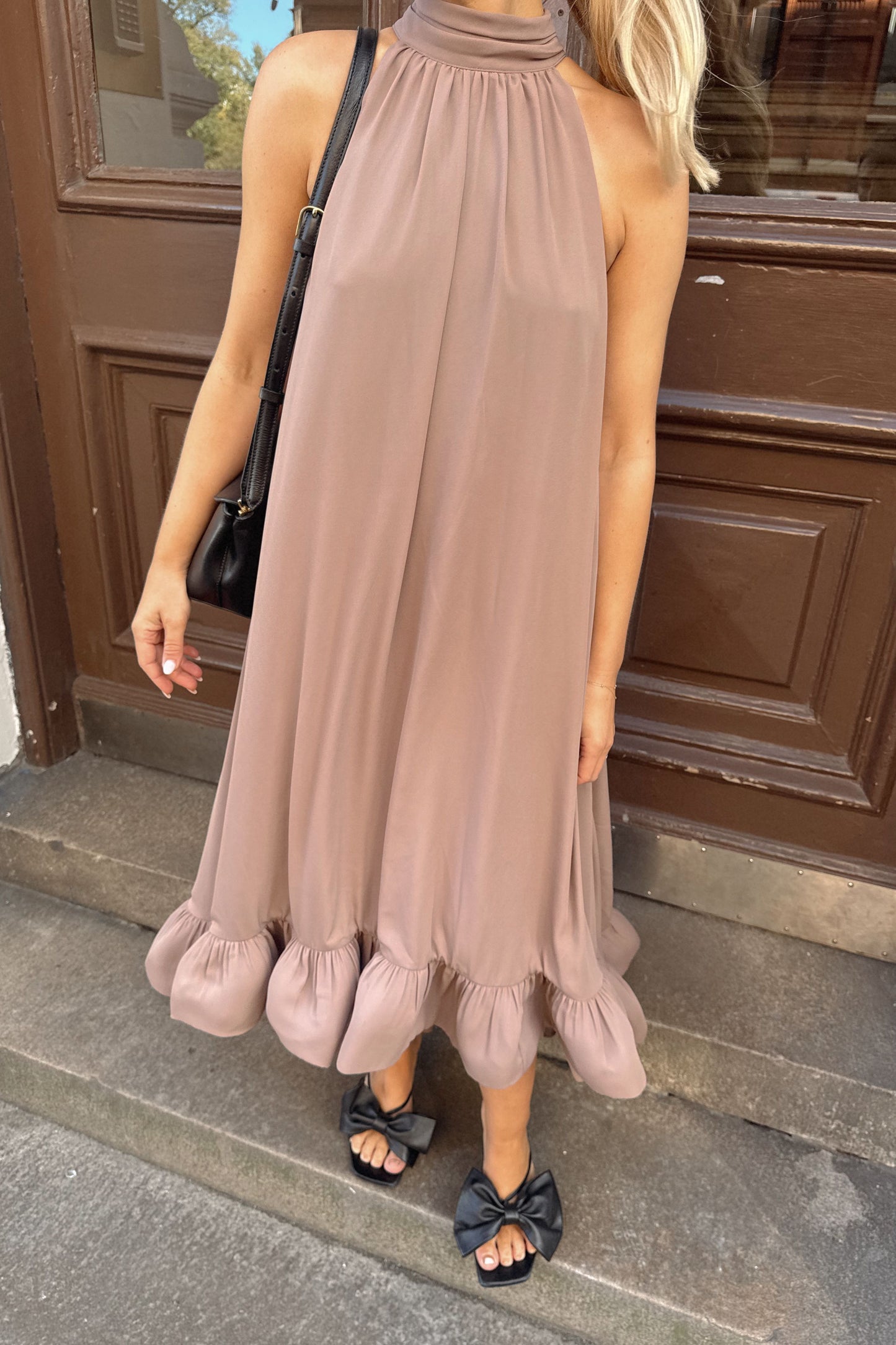 Malina Sabrina Ruffled Taupe Dress