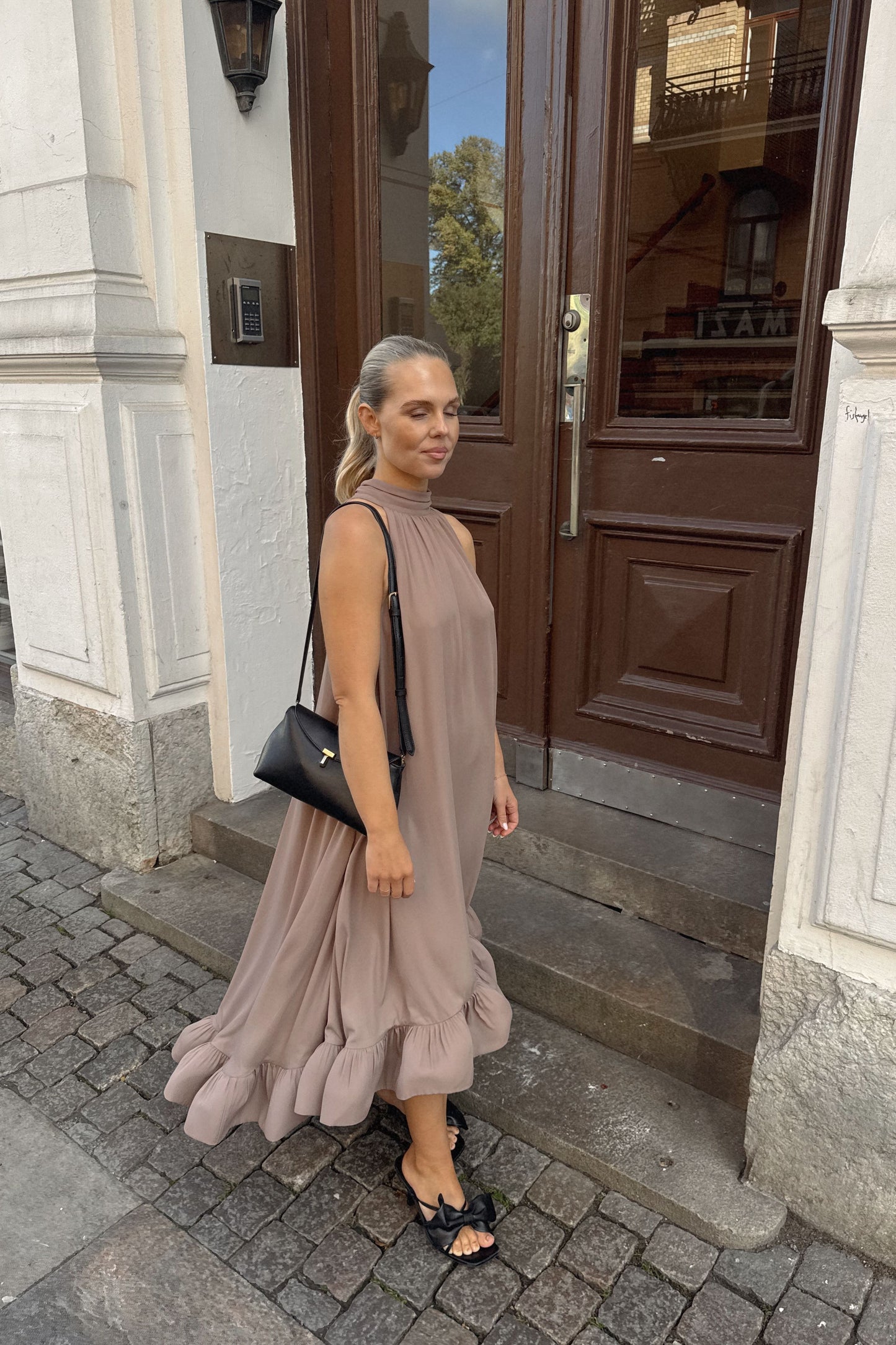Malina Sabrina Ruffled Taupe Dress