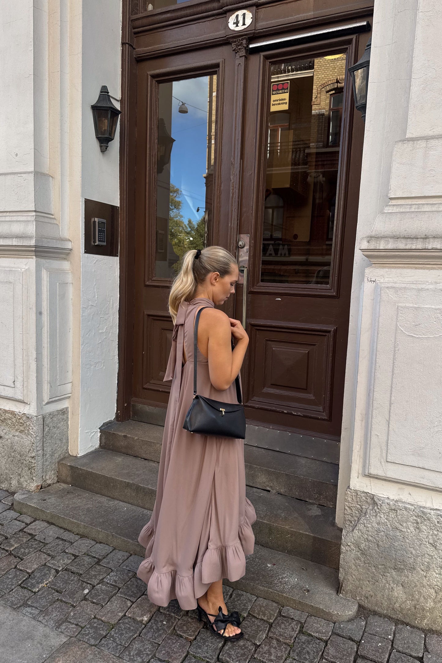 Malina Sabrina Ruffled Taupe Dress